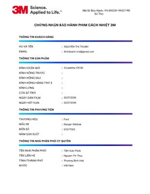 Phiếu bảo hành điện tử 3M chính hãng